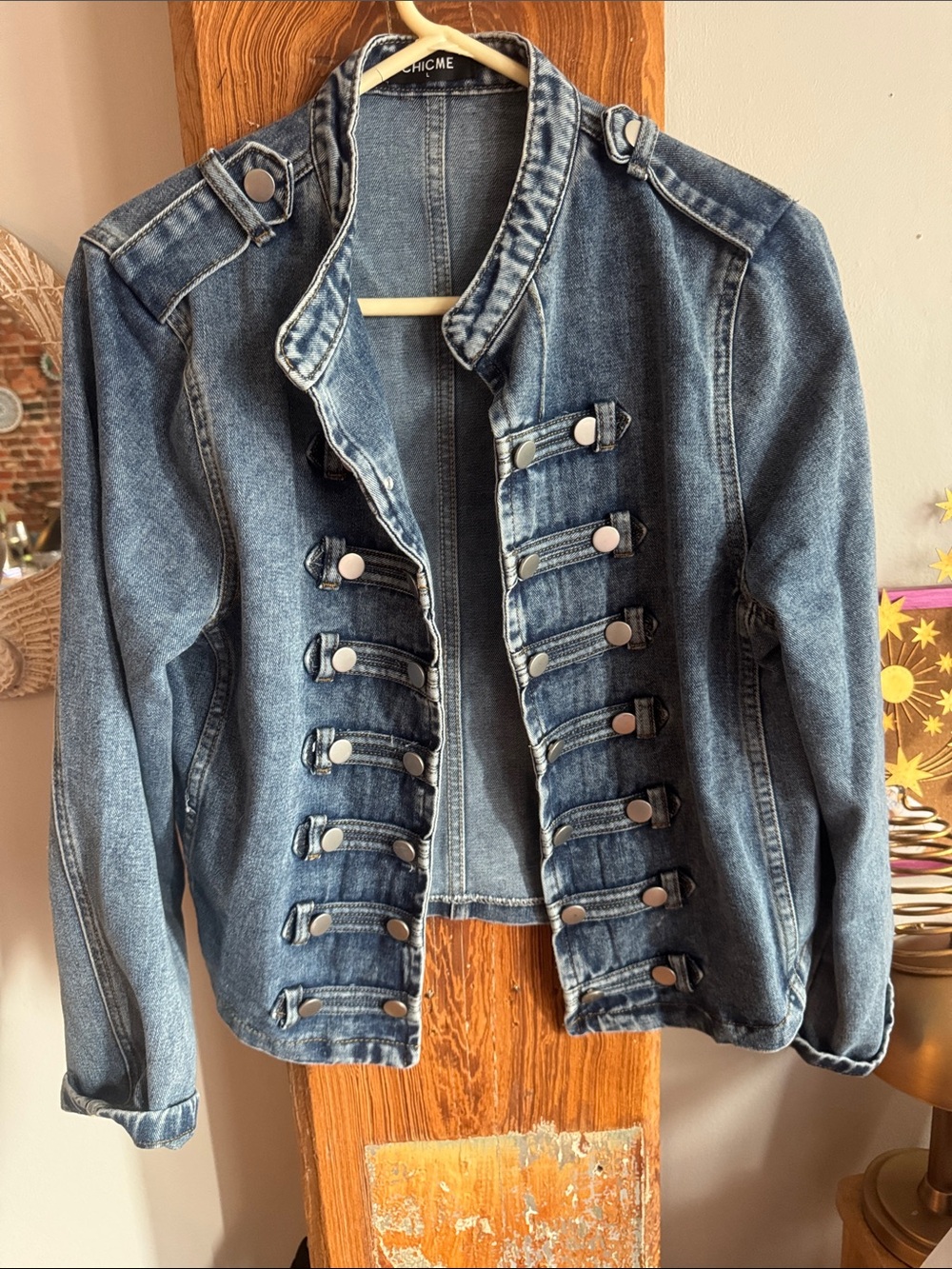 chic Distressed Blue Denim Military Jacket